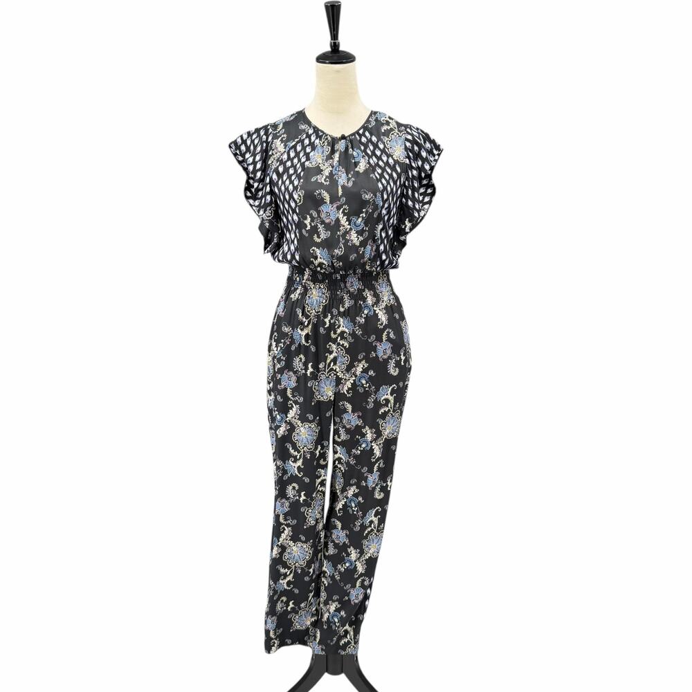 Rebecca Taylor Black Short Sleeve Floral MIxed Print Silk Blend Cinched Jumpsuit
